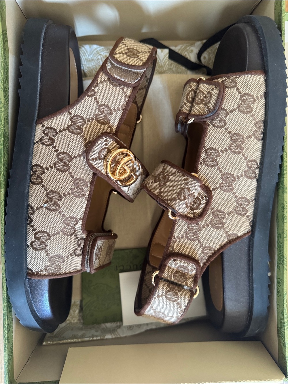 Gucci Brown GG Canvas Double-Strap Sandals with Gold Hardware - Picture 3 of 4